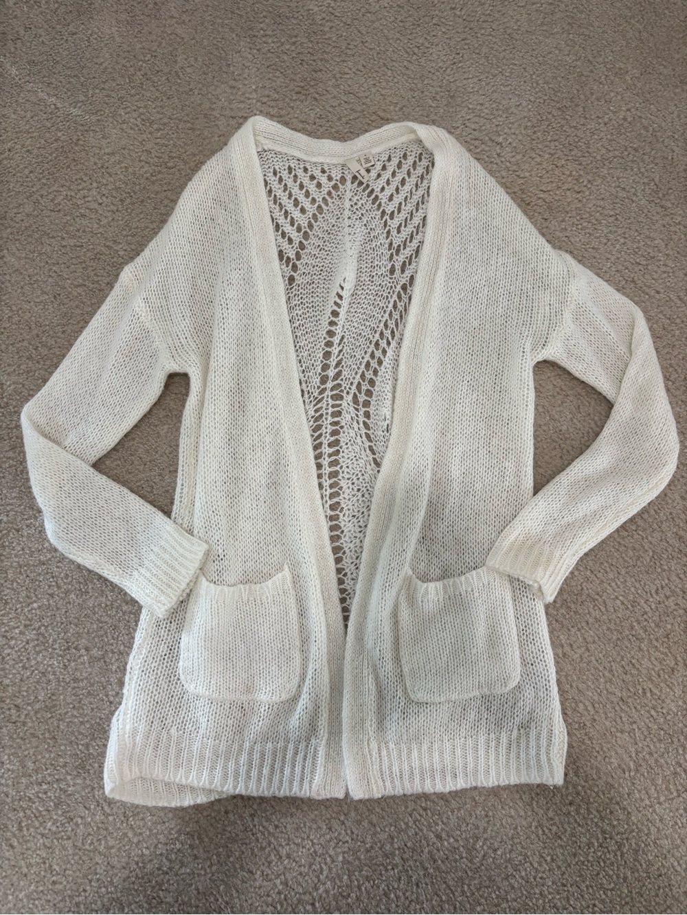 Open-Front Cream Knit Cardigan with Decorative Back Panel